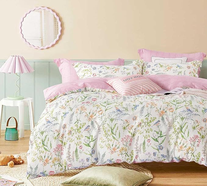 White Floral Cotton Comforter Queen Size - 3PC Lightweight Bedding Sets with Soft Fill, Vibrant Garden Botanical Patterns, Petal Pink Reversible Design with Feminine Elegance