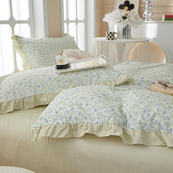HighBuy Green Lace Comforter Set Full Ruffle Blue Flower Comforter Fluffy Chic Reversible Stripes Ruffle Bedding Set Vintage Boho Comforter with 2 Pillow Shams for Teen Girls