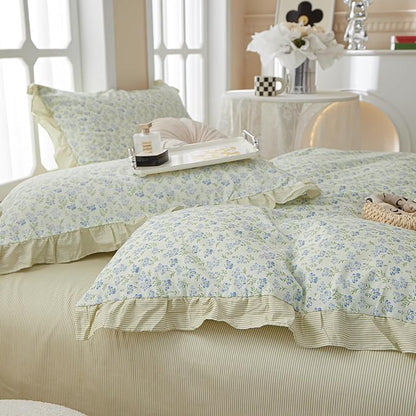 HighBuy Green Lace Comforter Set Full Ruffle Blue Flower Comforter Fluffy Chic Reversible Stripes Ruffle Bedding Set Vintage Boho Comforter with 2 Pillow Shams for Teen Girls