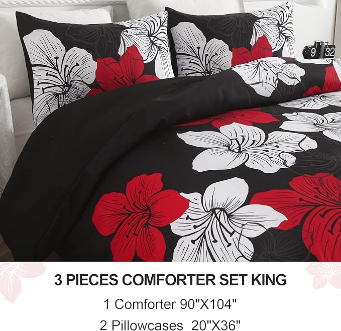 Menghomeus Black Red Floral Comforter Set King Soft Comforter Botanical Bedding Sets Modern Lightweight Boho Bed Set for Women Adults Teens (1 Comforter, 2 Pillowcases)