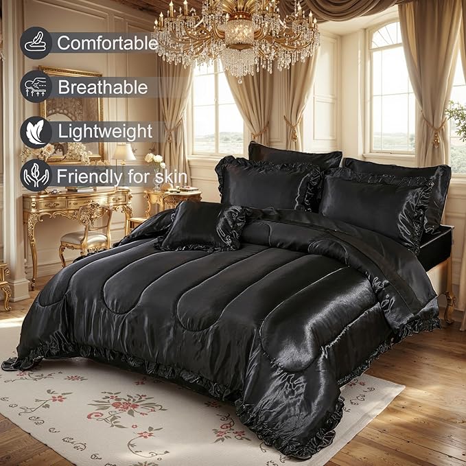 Satin Comforter Set with Sheet Set Full 8 Pcs Silk Like Black Bedding Set Silky Ruffle Pattern Luxury Silky Comforter Set with 1 Cushion Cover