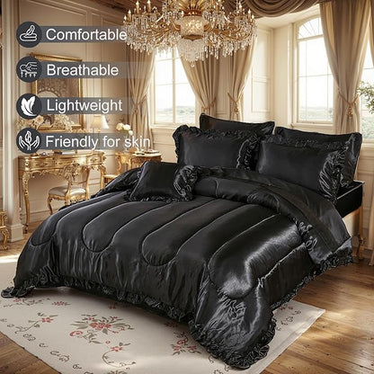 Satin Comforter Set with Sheet Set Full 8 Pcs Silk Like Black Bedding Set Silky Ruffle Pattern Luxury Silky Comforter Set with 1 Cushion Cover