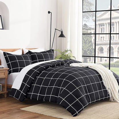 Andency Black Grid Comforter Set King(104x90Inch), 3 Pieces (1 Plaid Comforter and 2 Pillowcases) Black Plaid Comforter Set, Lightweight Microfiber Gingham Geometric Comforter Bedding Set