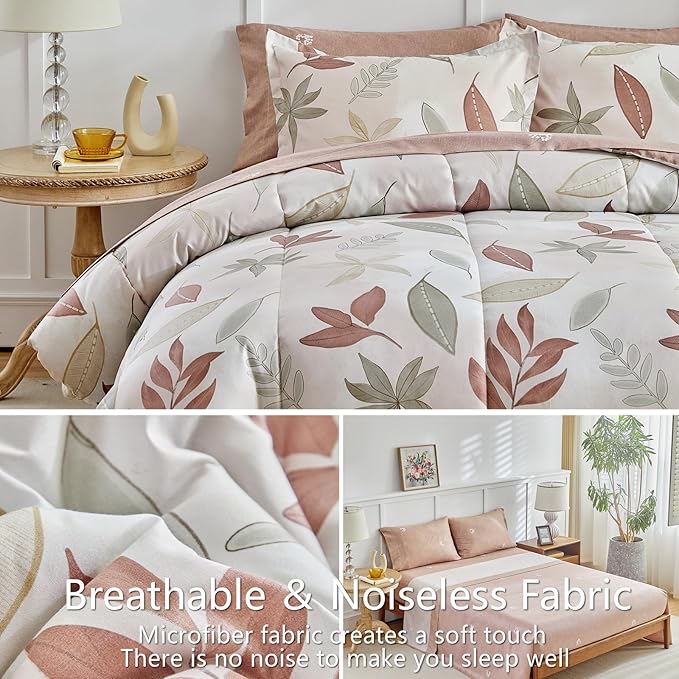 AIKASY 7-Piece Comforter Set Bed in a Bag, Beige Leaf Pattern Bedding Set with Comforter, Soft and Cozy All-Season Bedroom Decor (King, Beige)