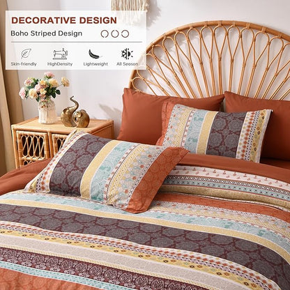 Cottolester Boho Comforter Set King Size,8 Pieces Red and Orange Bohemian Striped Bed in a Bag,Paisley Soft Microfiber Bedding Comforter Set