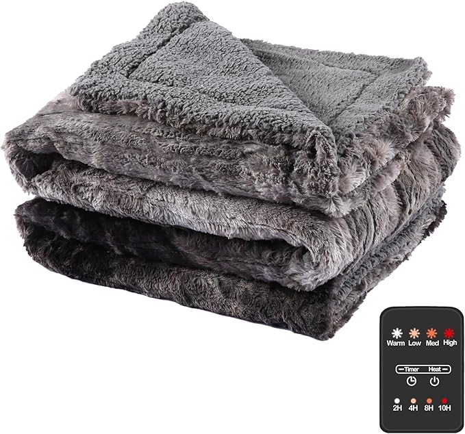 Electric Heated Blanket Throw Size 50"×60" with 4 Heating Levels & 4 Hours Auto Off, Heating Throw Plush Faux Fur, Energy Efficient, Machine Washable, Gradient Gray