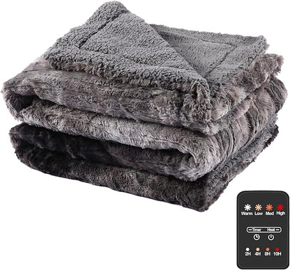 Electric Heated Blanket Throw Size 50"×60" with 4 Heating Levels & 4 Hours Auto Off, Heating Throw Plush Faux Fur, Energy Efficient, Machine Washable, Gradient Gray