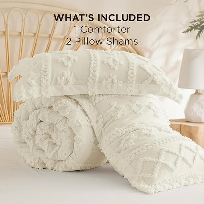 Bedsure Tufted Boho Comforter Set Oversized King - Ivory Boho Bed Set, GentleSoft™ 3 Pieces Farmhouse Shabby Chic Embroidery Bedding, Gifts for Woman, Soft Jacquard Comforter for All Seasons