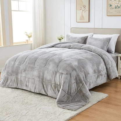 YIYEA Faux Fur Comforter Set Queen Size with Fitted Sheet, Luxury Ultra Soft Fuzzy Comforter, Fluffy Plush Velvet Bedding Comforter Sets for Fall Winter, Cozy Warmth, No Shedding, 4PC, Grey