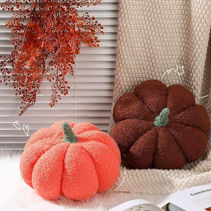 Kajaia 2 Pcs Pumpkin Pillow Plush 11 x 9.5 Inch 3D Cushion Fall Decorations Simulated Stuffed Throw Pillows for Halloween Thanksgiving Bedroom Sofa Couch Supplies (Orange,Brown)
