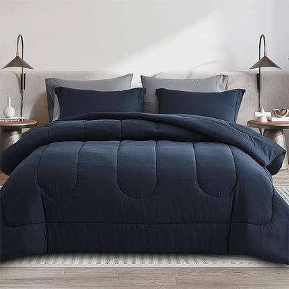 Maple&Stone Queen Size Comforter Set 7 Pieces Bed in a Bag - Down Alternative Bed Set with Sheets, Pillowcases & Shams, Soft Reversible Duvet Insert for Queen Bed, Navy & Dark Grey