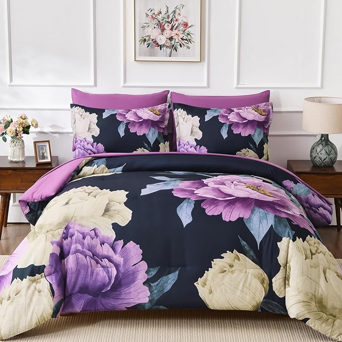 Dobuyly King Size Comforter Set Dark Purple 7 Piece Bed in a Bag, Elegant Floral Comforter Set with Sheets, Soft Microfiber Botanical Flower Bedding Set for All Season