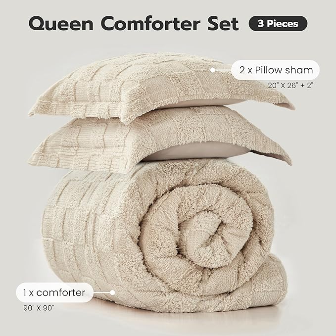 Joiedomi Tufted Queen Comforter Set, 3 Pieces Beige Boho Queen Bedding Set with 1 Plaid Geometric Comforter and 2 Pillow Shams, Checkered Bed in a Bag for All Seasons