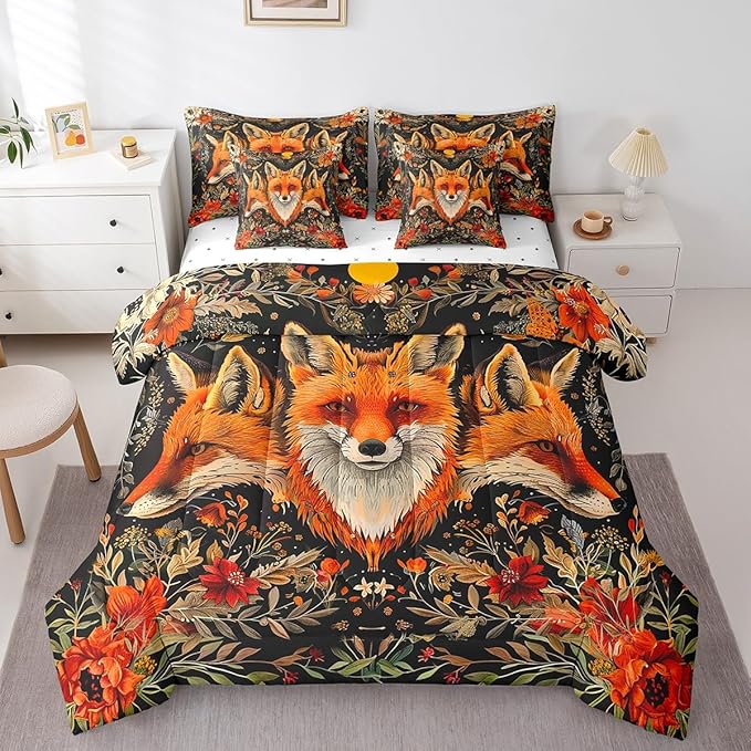Feelyou Sun Moon Bed in a Bag with Comforter, Queen Size 7Pcs Boho Exotic Fox Bedding Set with Comforter, Astrology Space Comforter Women Men Teens Ultra Soft Decor Bohemian Wild Animals Room Decor