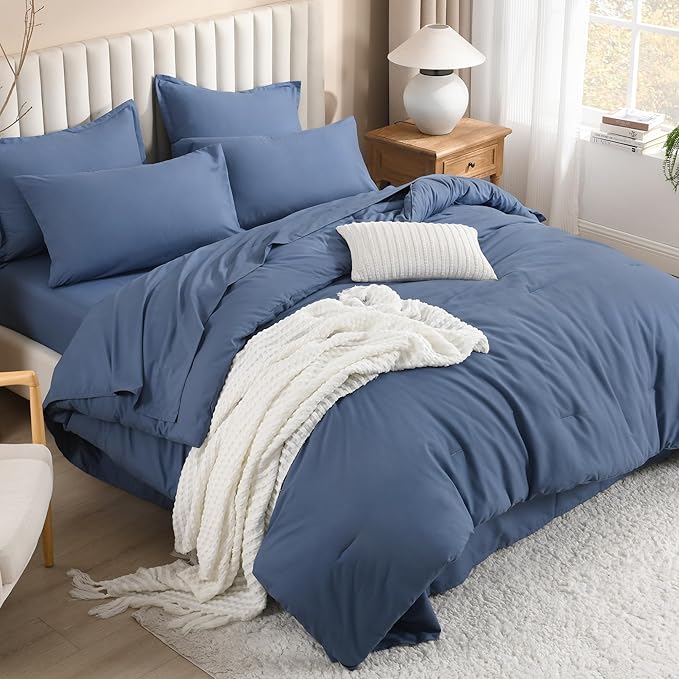 Litanika Super King Comforter Sets Ocean Blue - 7 Pieces Bed in a Bag Oversized King Bedding Comforter Sets, Solid Lightweight Bed Set with Comforter, Sheets, Pillowcases & Shams
