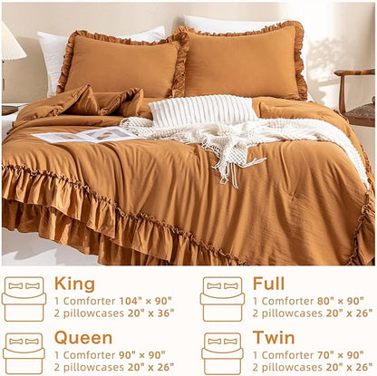 Masaca Pumpkin Color Ruffle Comforter Queen Size,Farmhouse Shabby Boho Chic Queen Bedding Comforter Set,3pcs Ultra Soft Fluffy Brown Orange Comforter Sets for Queen Bed with 2 Ruffled Pillowcases