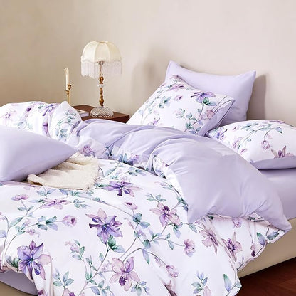 Wake In Cloud - Floral Comforter Set, Cottagecore Cottage Rustic Farmhouse Style with Botanical Flowers and Leaves Pattern, Soft Lightweight Bedding, 3-Piece, Purple White, Twin/Twin XL Size