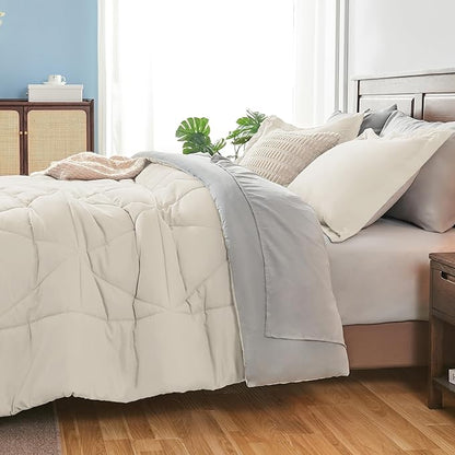 BEDELITE Twin XL Comforter Set 5 Pieces Bed in A Bag - Soft Microfiber Reversible Twin Extra Long Beige Bed Set with Comforters, Sheets, Pillowcase & Sham, Cozy Bedding Sets for College Dorm Room