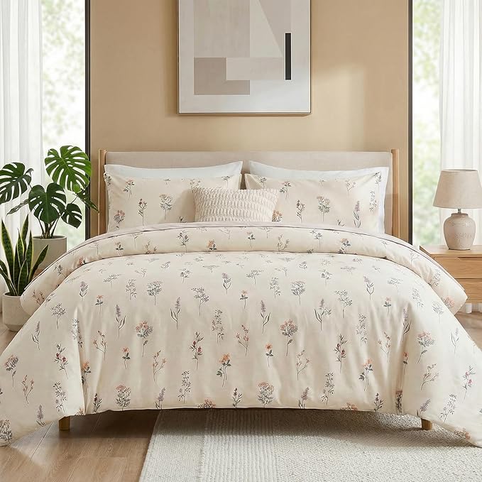100% Cotton Comforter Set King Size Cute Floral Bedding Comforter Sets 3 Pieces Chic Garden Printed Comforter Sets Breathable Soft Reversible Botanical Comforter(Floral, King)