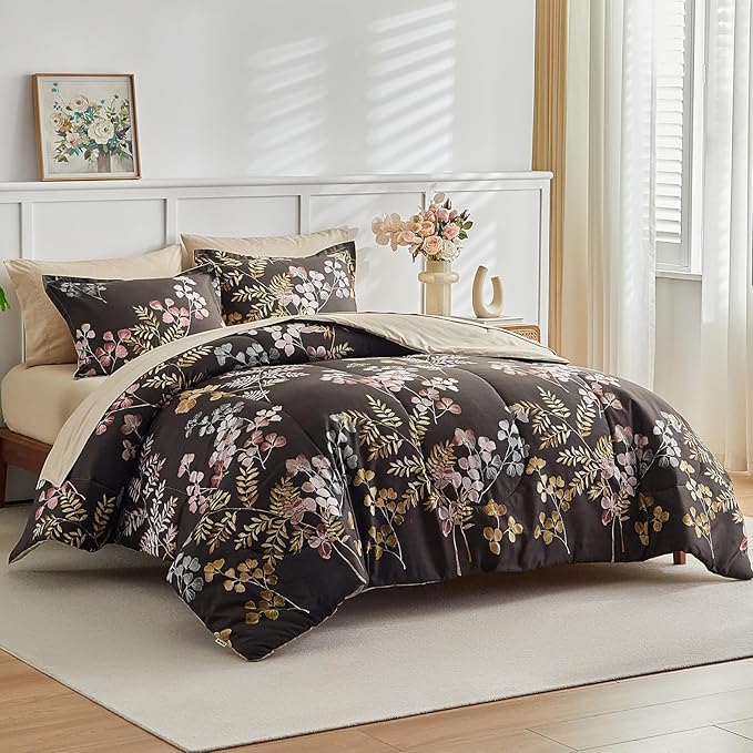 AIKASY Bed in a Bag 7 Pieces Queen Size - Floral Print - Soft Microfiber, Reversible Bed Comforter Set (1 Comforter, 2 Pillow Shams, 1 Flat Sheet, 1 Fitted Sheet, 2 Pillowcases)（Black, Queen）