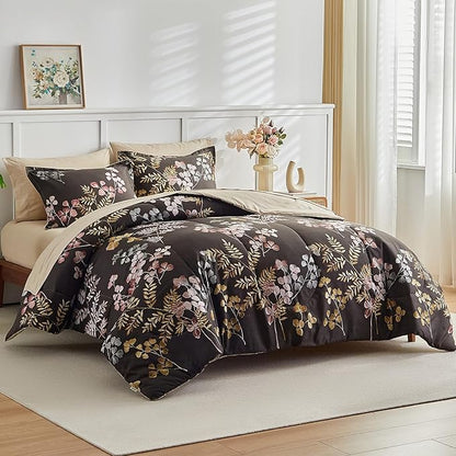 AIKASY Bed in a Bag 7 Pieces Queen Size - Floral Print - Soft Microfiber, Reversible Bed Comforter Set (1 Comforter, 2 Pillow Shams, 1 Flat Sheet, 1 Fitted Sheet, 2 Pillowcases)（Black, Queen）