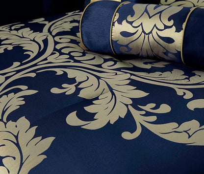 Chezmoi Collection 7-Piece Jacquard Floral Comforter Set (California King, Navy/Gold)