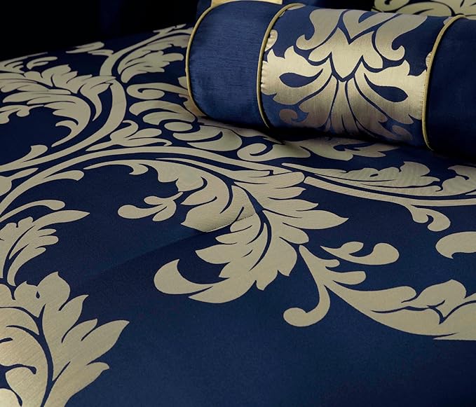 Chezmoi Collection 7-Piece Jacquard Floral Comforter Set (Queen, Navy/Gold)