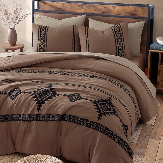 MaiRêve Embroidery Full Size Comforter Set Brown, Farmhouse Western Boho Bedding Set 7 Pieces, All Season Bed in A Bag Comforter Set with Sheets, Pillowcases & Shams