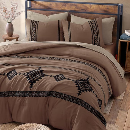 MaiRêve Embroidery Comforter Set, Boho Farmhouse Western Bedding Set, All Season Bed in A Bag Comforter Set with Sheets, Pillowcases & Shams, Brown King 7 Pieces