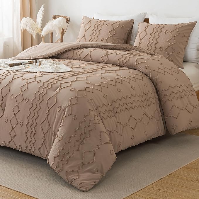Andency Taupe Tufted Comforter Set Queen(90x90Inch), 3 Pieces(1 Boho Comforter, 2 Pillowcases) Textured Farmhouse Bed, Soft Microfiber Down Alternative Geometric Bedding Set