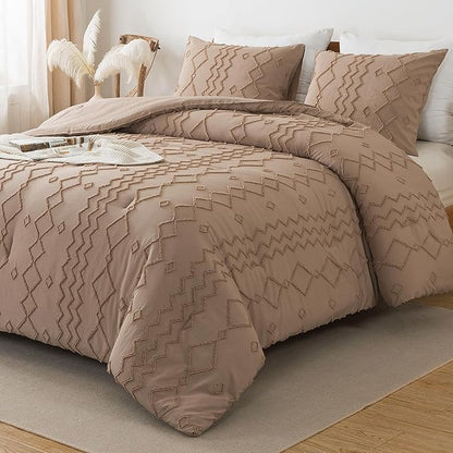Andency Taupe Tufted Comforter Set Full(79x90Inch), 3 Pieces(1 Boho Comforter, 2 Pillowcases) Textured Farmhouse Bed, Soft Microfiber Down Alternative Geometric Bedding Set