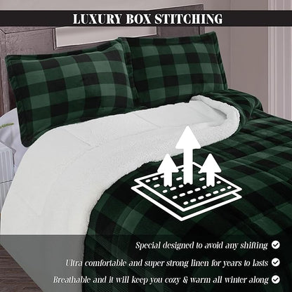 Elegant Comfort 3-Piece Buffalo Lodge-Plaid Comforter Set, Luxurious, Heavyweight, All Season, Down Alternative-Micromink Sherpa-Backing Reversible Micro-Suede, Soft and Plush, King, Green