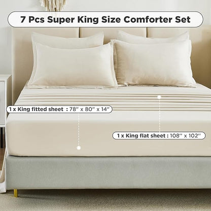 Litanika Super King Comforter Sets Beige - 7 Pieces Bed in a Bag Oversized King Bedding Comforter Sets, Solid Lightweight Bed Set with Comforter, Sheets, Pillowcases & Shams