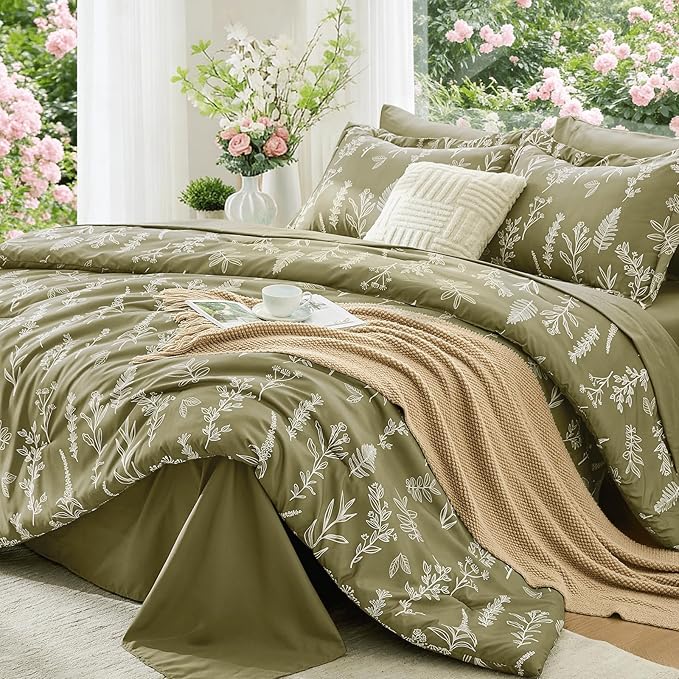 MUXHOMO Olive Green Full Comforter Set, Elegant Floral Print Bed in a Bag 7 Pieces, Ultra Soft & Breathable Reversible Botanical Pattern Bedding Set with Comforter, Sheets, Pillowcases, and Shams