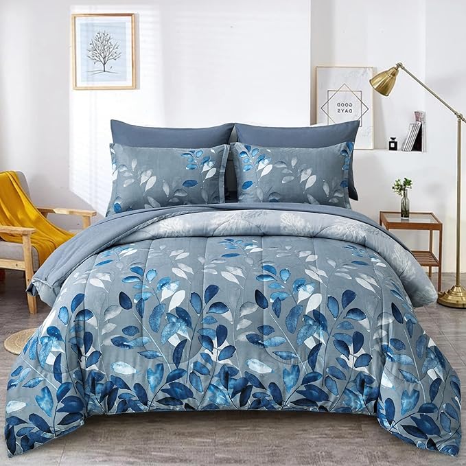 7 Piece Blue Botanical Bed in a Bag King Floral Comforter Set - Elegant Gradient Leaves Bedding Set for All Season (1 Comforter, 2 Pillow Shams, 2 Pillowcases, 1 Flat Sheet, 1 Fitted Sheet)
