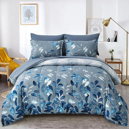 Blue Comforter Set Full Size 7 Piece Botanical Leaves Gradient Bed in a Bag Ultra Soft Microfiber Down Alternative Bedding Set Lightweight Reversible Bed Comforter Set for All Season 78" x 90"