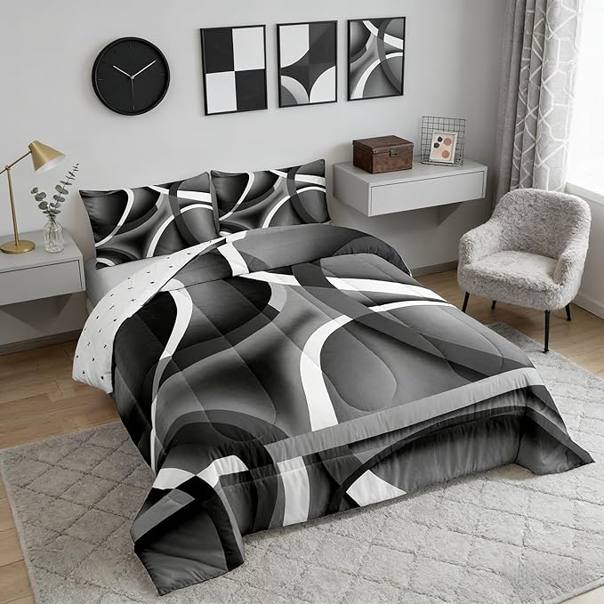 Castle Fairy Circle Geometric Comforter Set Gray Black Swirls Bedding Set for Kids Girls Women Adults Abstract Stripes Comforter Retro Style Quilted Duvet Set Bedroom Collection Twin Size 2Pcs