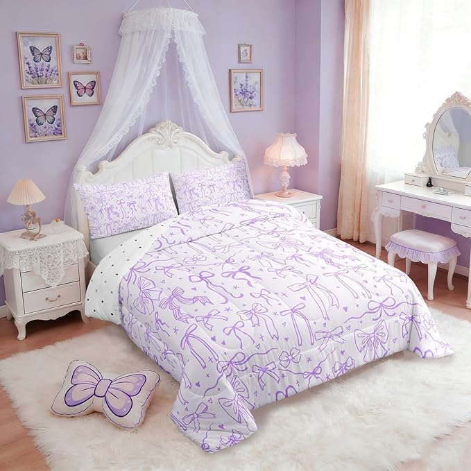 Cartoon Bowknot Kids Bedding Set Queen Size,Purple Bow Tie Comforter Set 3Pcs,Butterfly Knot Princess Girls Quilt Set for Teens Woman,Bow Stars Love Sweet Girly Duvet Insert,2 Pillowcases