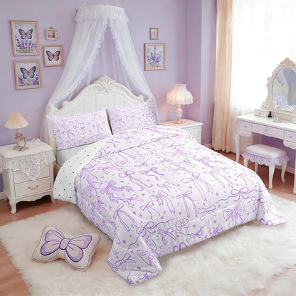 Cartoon Bowknot Kids Bedding Sets Twin Size,Purple Bow Tie Comforter Set 2Pcs,Butterfly Knot Princess Girls Quilt Set for Teens Woman,Bow Stars Love Sweet Girly Duvet Insert,1 Pillowcase
