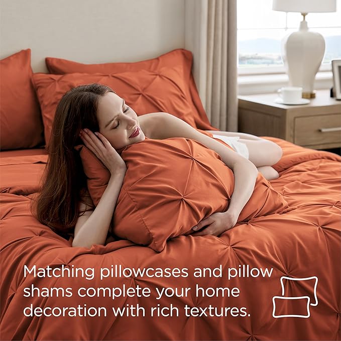 Bedsure Full Comforter Set Burnt Orange - Bed in a Bag Full Size Bedding Set 7 Pieces, GentleSoft™ Pintuck Bed Set Gift for Family, Pinch Pleat All Season Comforter with Sheets, Pillowcases & Shams
