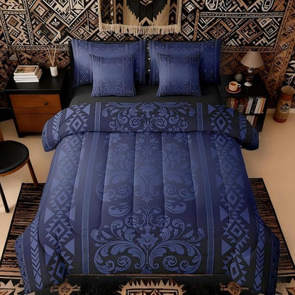 Comforter Set Twin Size, Dark Blue Aztec Damask 7 Pcs Bedding for Kids and Adults, Victorian Decor Western Baroque Goth Bed Sheet Sets with Fitted Sheet 2 Pillowcases & 2 Shams for Bedroom Bed Decor