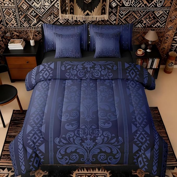 Comforter Set King Size, Dark Blue Aztec Damask 7 Pcs Bedding for Kids and Adults, Victorian Decor Western Baroque Goth Bed Sheet Sets with Fitted Sheet 2 Pillowcases & 2 Shams for Bedroom Bed Decor