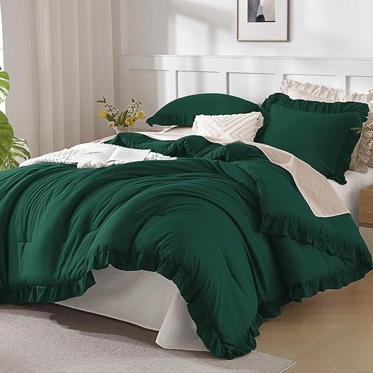 Andency Oversized King Comforter Set 128x120, 3 Pieces Dark Green Ruffle Shabby Chic Famhouse Bedding Set for Women, Lightweight Fluffy Super King Plus Bed Set for Girls