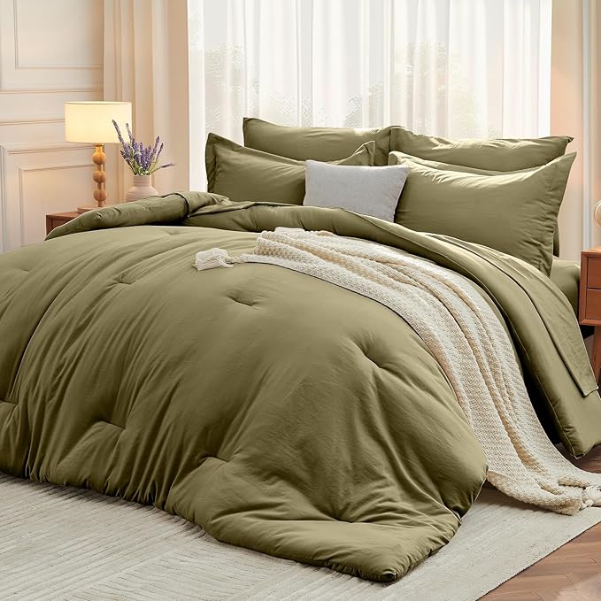 MUXHOMO 7 Pieces California King Comforter Set, Soft Bed in a Bag Cal King Size, All Season Bedding Set with Comforter, Flat Sheet, Fitted Sheet, Pillowcases & Shams, Olive Green