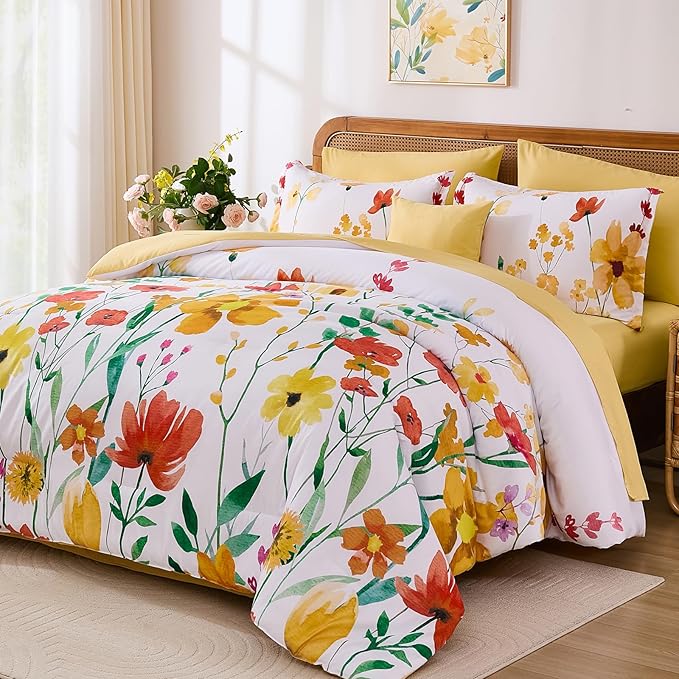 Annibedding Floral Queen Size Comforter Set, 8 Pieces Yellow Flower Botanical Soft Microfiber Bed in a Bag Bedding Set with Pillowcase Sheet for All Season (90"x90")