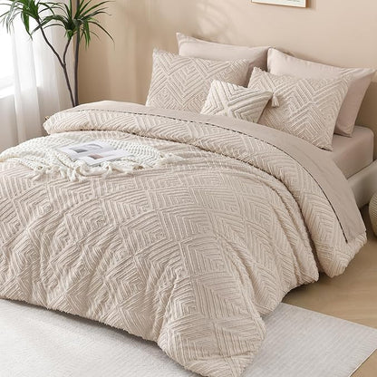 Andency Khaki Comforter Full Size, 3 Pieces Boho Lightweight Fluffy Bedding Comforter Set for Full Bed, Tufted Farmhouse Soft Warm Bed Set for All Seasons (1 Comforter 79x90In, 2 Pillowcases)