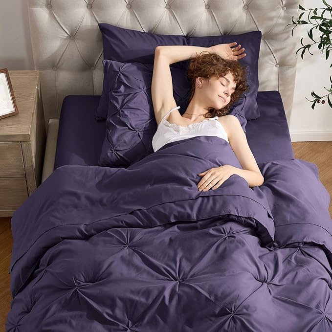 Nestl Twin XL Comforter Set 5 Piece - Pintuck Twin XL Bedding Set Purple, College Dorm Room Essentials with Sheets, Pillowcase and Sham