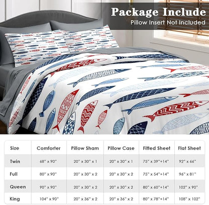Comforter Set Queen Size, Fish Blue Summer 7 Pcs Bedding for Kids and Adults, Sea Cute Ocean Bed Sheet Sets with Fitted Sheet 2 Pillowcases & 2 Shams for Bedroom Bed Decor