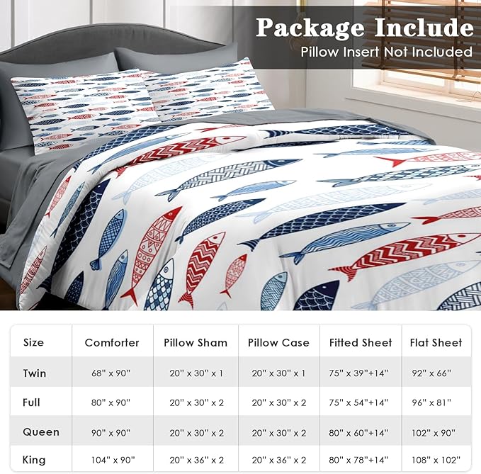 Comforter Set Twin Size, Fish Blue Summer 5 Pcs Bedding for Kids and Adults, Sea Cute Ocean Bed Sheet Sets with Fitted Sheet Pillowcase & Sham for Bedroom Bed Decor