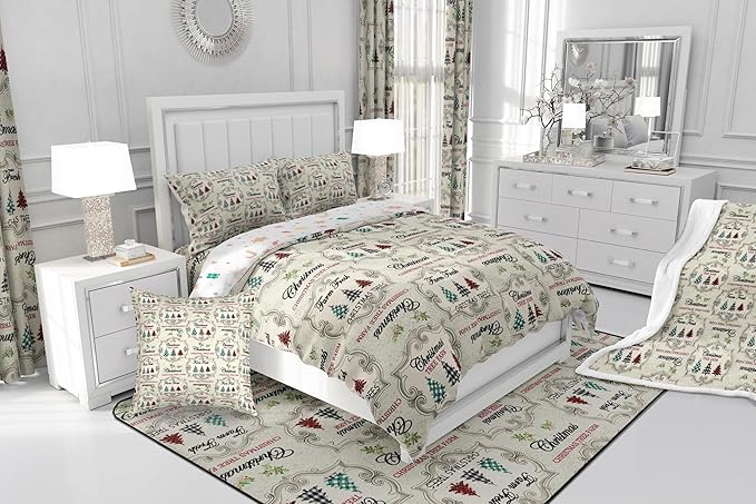 Christmas Tree Comforter Set Full Size,Kids Colorful Stars Candy Snowflake Reversible Printed Bedding Set,Girls Boys Room Decor,Red Green Plaid Quilt Set Vintage Khaki Graffiti Duvet Insert 3Pcs